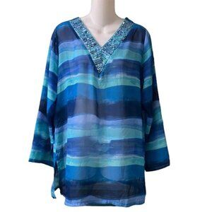 Claudia D Women's Sheer Blues V-Neck Swimsuit Beach Coverup Sequins Size Medium